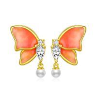 wholesale 925 Sterling Silver Butterfly Earrings With Coral Wings And Pearls-Butterfly Stud Earrings with Pearl