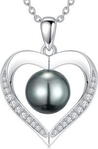 wholesale 925 Sterling Silver Black Tahitian Pearl 9-9.5mm Heart Pendant Necklace for Women-Heart B