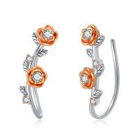 wholesale 925 Sterling Silver Rose Flower Zircon Two Tone Platinum Rose Gold Clip Earrings-rose