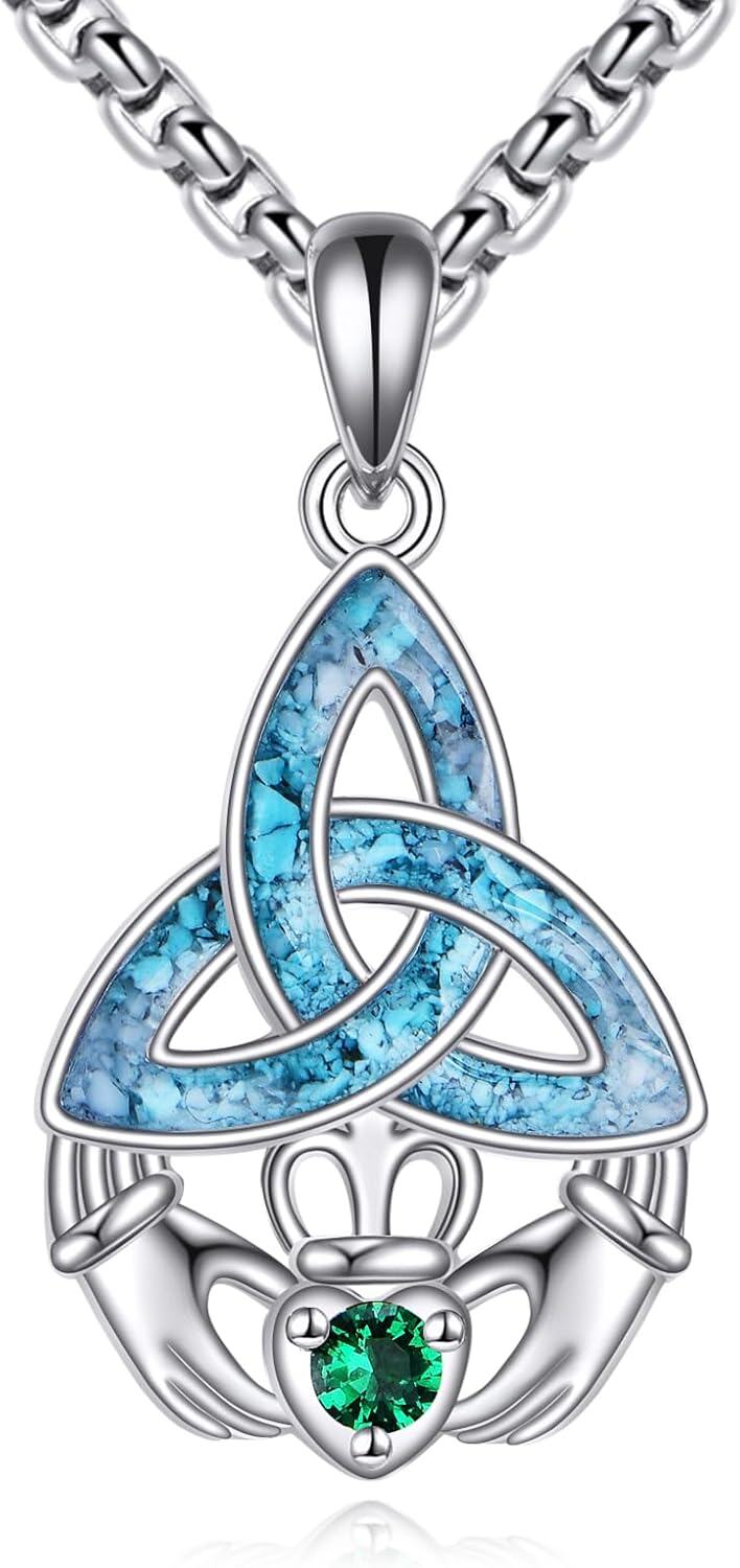 wholesale 925 Sterling Silver Triquetra Celtic Knot with Turquoise and Emerald Heart Claddagh Pendant Necklace-0-0