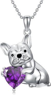 wholesale Metal Synthetic Stone French Bulldog Pendant Necklace for Women-February(Amethyst)