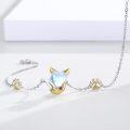 wholesale 925 Sterling Silver Blue Opal Cat Paw Charm Bracelet with Red Ruby Eyes and Gold Tone Tail Design for Women Girls -0-1