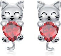 wholesale 925 Sterling Silver Cat Stud Earrings with Garnet Birthstone, 11mm x 5.2mm, Gift for Women-January(Garnet)