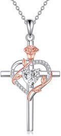 wholesale Sterling Silver Birthstones Rose Cross Heart Crucifix Pendant Necklace for Women-0-84