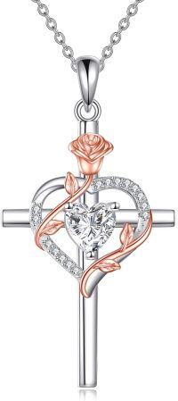 wholesale Sterling Silver Birthstones Rose Cross Heart Crucifix Pendant Necklace for Women-04-Apri-CZ