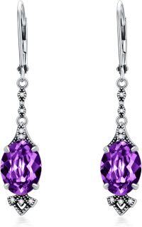 wholesale 925 Sterling Silver 9mm Oval Birthstone Vintage Leverback Dangle Drop Earrings-Amethyst Purple