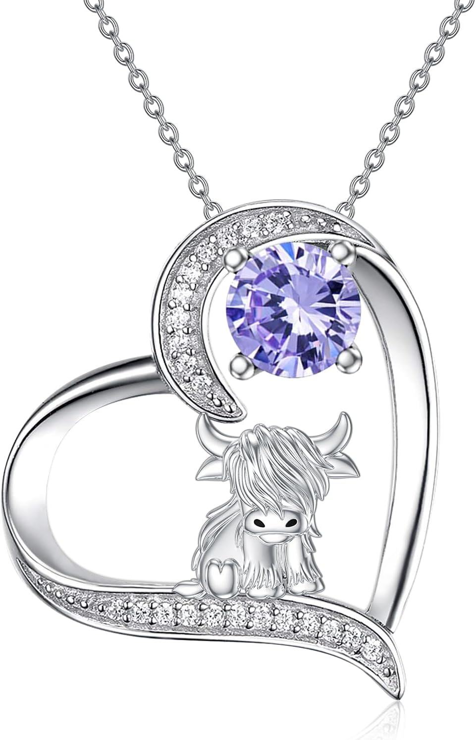 Sterling Silver Highland Cow Birthstone Necklace Jewelry Gifts for Women Girls-1-06-June-1-06-June