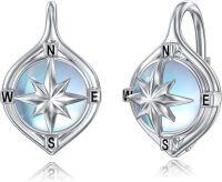 wholesale 925 Sterling Silver Compass Star Drop Earrings with Blue Opal Stone and White Gold Plated Accents-4-Compass