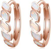 wholesale Rose Gold 925 Sterling Silver White Fire Opal Geometric Huggie Hoop Earrings for Women (Hypoallergenic)-Rose Gold Opal Hoop Earrings
