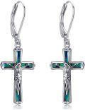 wholesale 925 Sterling Silver Green Shell Inlay Jesus Cross Dangle Earrings for Women and Men Christian Crucifix -0-0