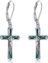 wholesale 925 Sterling Silver Green Shell Inlay Jesus Cross Dangle Earrings for Women and Men Christian Crucifix -Abalone Crucifix Earrings