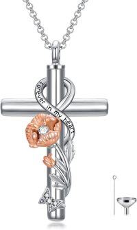 wholesale 925 Sterling Silver Cross with Rose Gold Poppy and CZ Elements Forever in My Heart Keepsake Pendant-08-August-Poppy Non-personalized