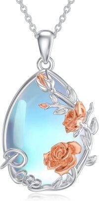 wholesale Sterling Silver Flower Necklace for Women with Rose Lily Daisy Lotus Tulips Pendant-08-Rose Flower Moonstone Necklace
