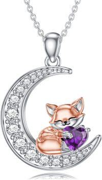 wholesale Metal Stone Fox Moon Pendant Necklace Birthstone Gift for Women-February