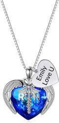 wholesale 925 Sterling Silver Blue Austrian Crystal RN NP LPN Caduceus Angel Heart Charm Nurse Graduation Gift Necklace-0-0