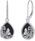 wholesale 925 Sterling Silver Black Onyx Butterfly Filigree Teardrop Dangle Earrings-0-0