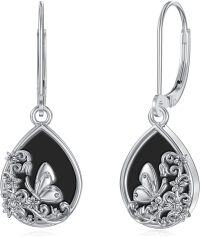 wholesale 925 Sterling Silver Black Onyx Butterfly Filigree Teardrop Dangle Earrings-Black Onyx Butterfly