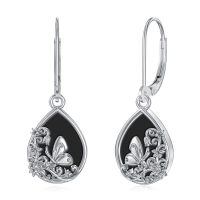 wholesale 925 Sterling Silver Earrings With Butterfly And Flowers-Black Onyx Butterfly