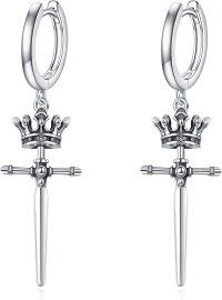 wholesale 925 Sterling Silver Crown and Cross Pendant Huggie Hoop Earrings Norse Viking s for Women Girls-Crown Sword
