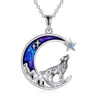 wholesale 925 Sterling Silver Howling Wolf Crescent Moon Pendant Necklace With Blue Crystal Star-Wolf necklace