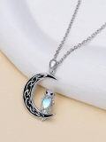 wholesale 925 Sterling Silver Owl on Crescent Moon Pendant Necklace with Blue Stone Accent-0-2