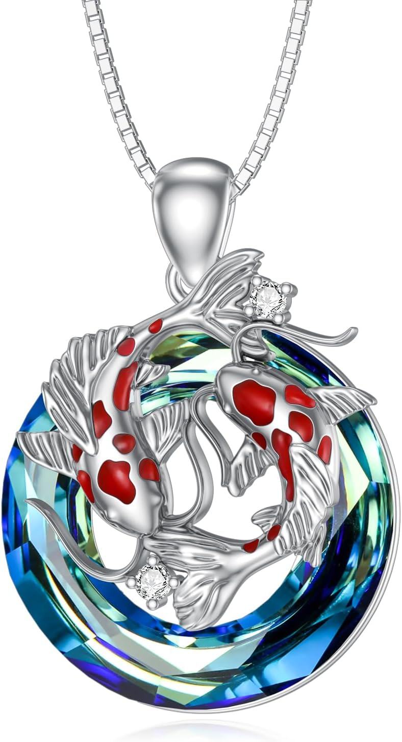 Sterling Silver Crystal Animal Necklace Pendant Jewelry Gift for Women-Koi Fish