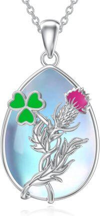 wholesale 925 Sterling Silver Scottish Thistle & Shamrock Pendant Necklace with Opal Stone - Irish Lucky Charm Jewelry for Women-Scottish thistle clover