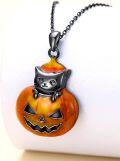 wholesale 925 Sterling Silver Black Cat on Orange Jack-o'-Lantern Pendant Necklace - Halloween  for Women and Men-0-1