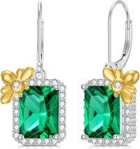 wholesale 925 Sterling Silver Emerald Green Square Stone Butterfly Drop Earrings for Women Mothers Day Gift-May