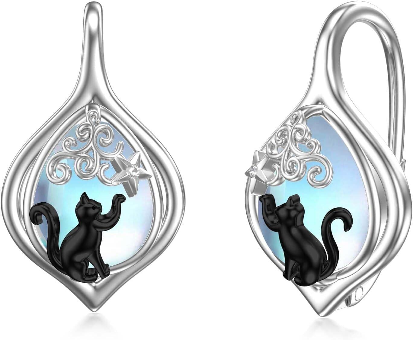 925 Sterling Silver Moonstone Black Cat Tree of Life Dragonfly Infinity Drop Earrings-0-0