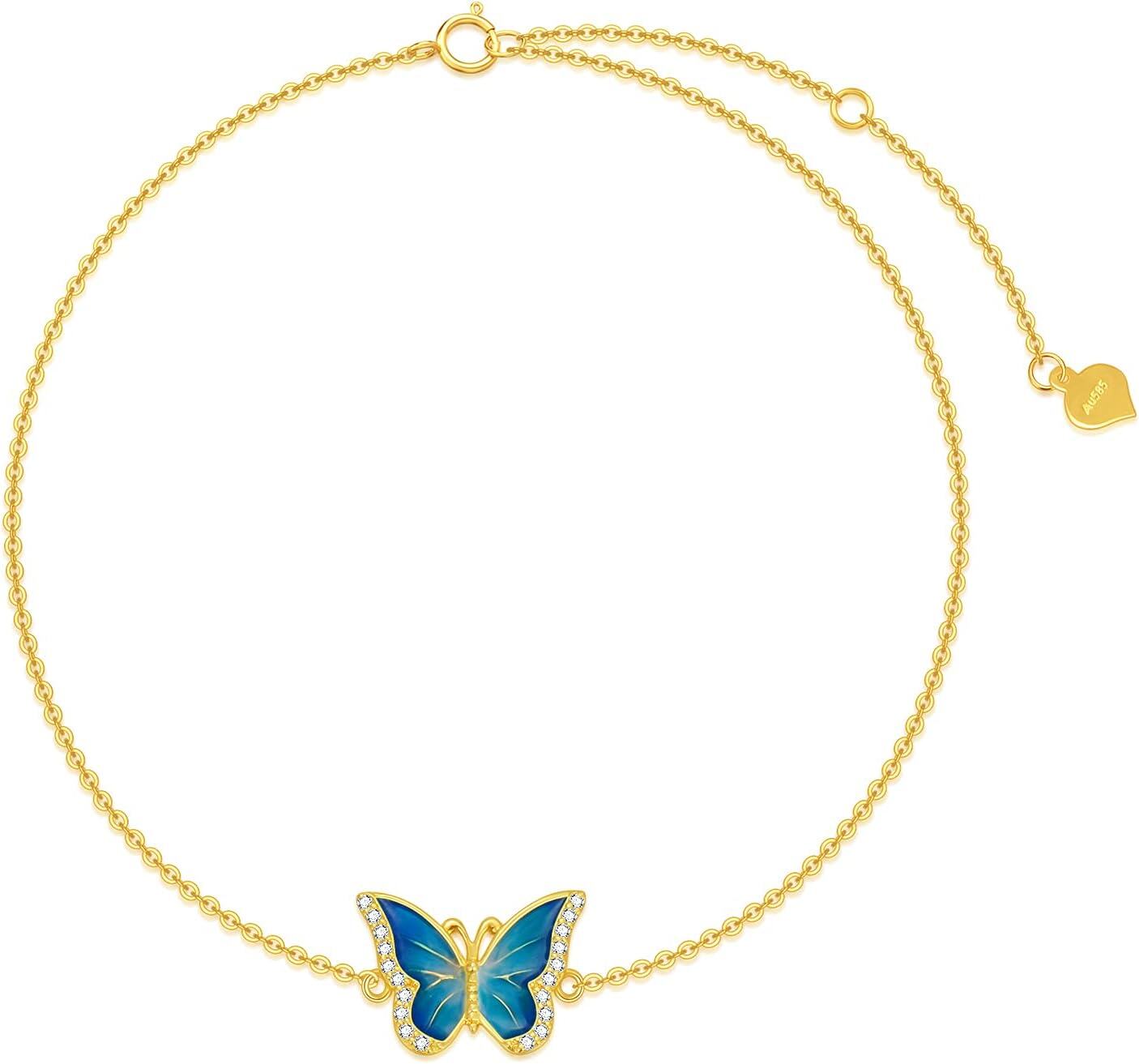 14K Gold Blue Butterfly Bracelet for Women Solid 14K Animal Lover Jewelry Gift-0-0
