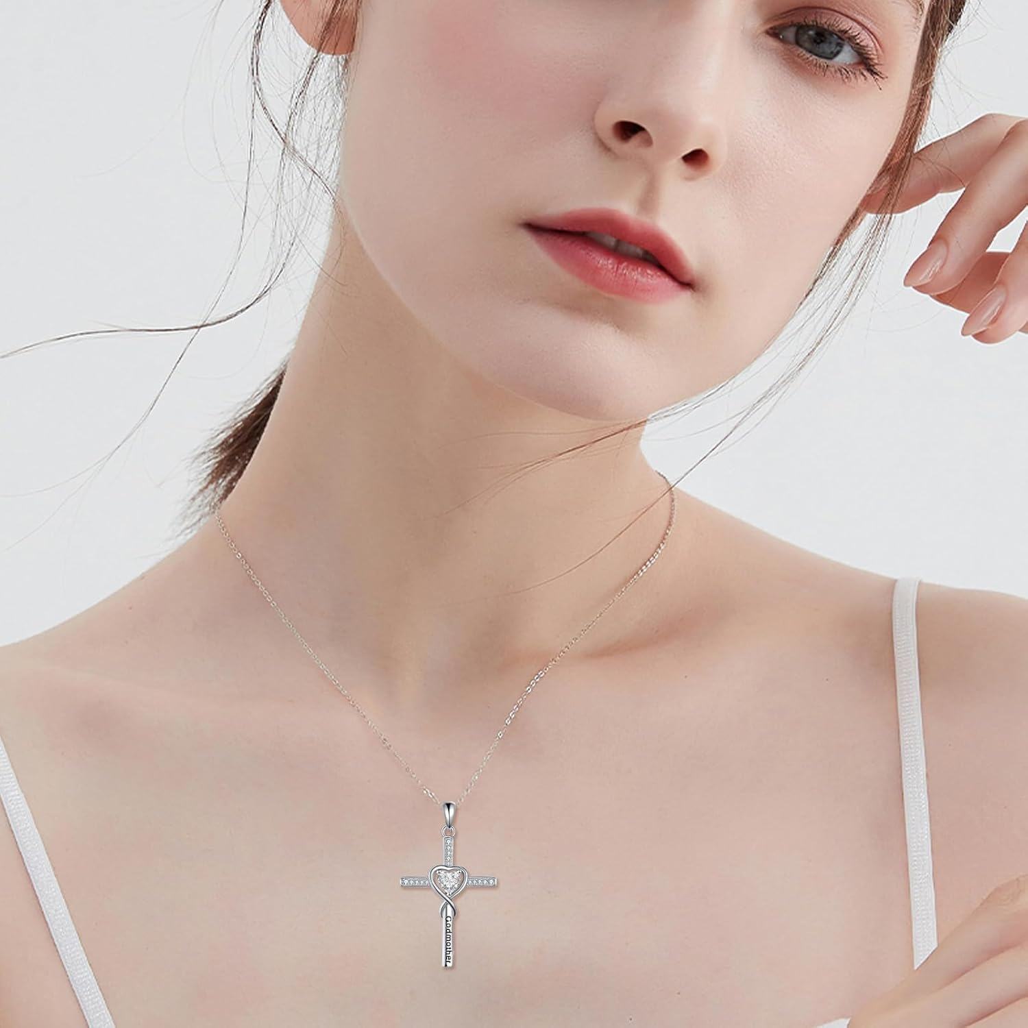 wholesale 925 Sterling Silver Heart and Cross Pendant Necklace with Cubic Zirconia - Godmother Gifts for Mother's Day-0-4