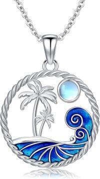 wholesale 925 Sterling Silver Blue Enamel Ocean Wave & Palm Tree Pendant Necklace for Women Girls Gifts-Palm Tree