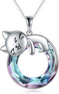 wholesale 925 Sterling Silver Rainbow Crystal Cat Lover's Pendant Necklace for Women-0-0
