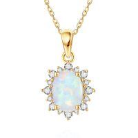 wholesale 14k Red Oval Gemstone Pendant Necklace With Diamond Halo-White Opal