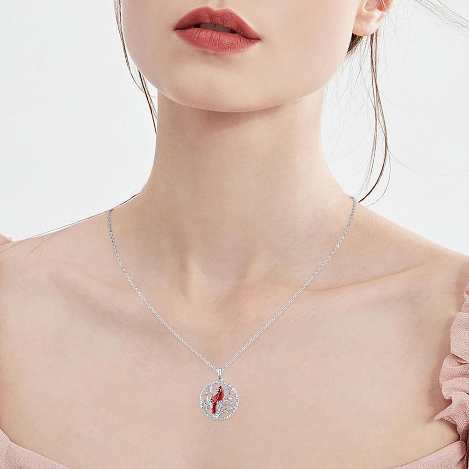925 Sterling Silver Red Enamel Cardinal Tree of Life Pendant Necklace for Women Girls Gifts-0-4