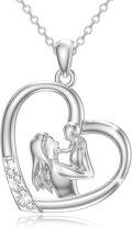 wholesale 925 Sterling Silver Mother and Child Heart Pendant Necklace with Cubic Zirconia for Women-0-0