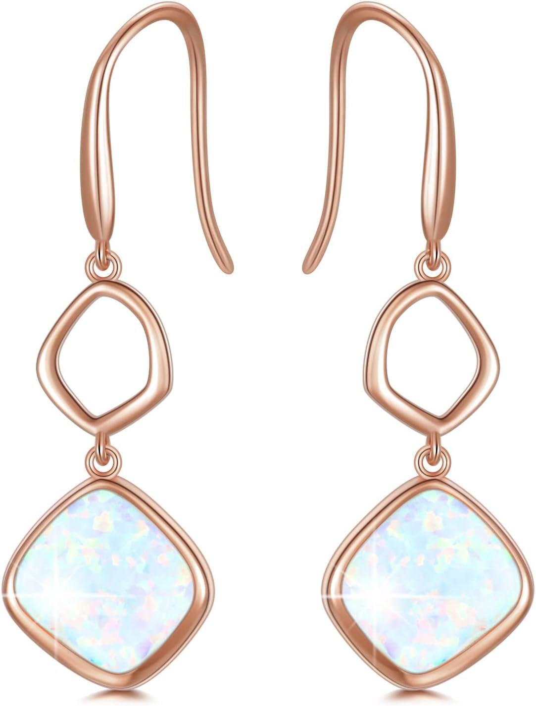Sterling Silver White Opal Rose Gold Plated Dangle Earrings October Birthstone-0-0