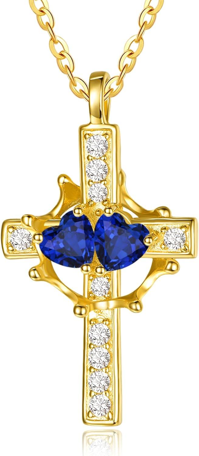 Sterling Silver Birthstones Gold Cross Necklace for Women -09-09-Sept-Sept-09-09-Sept-Sept