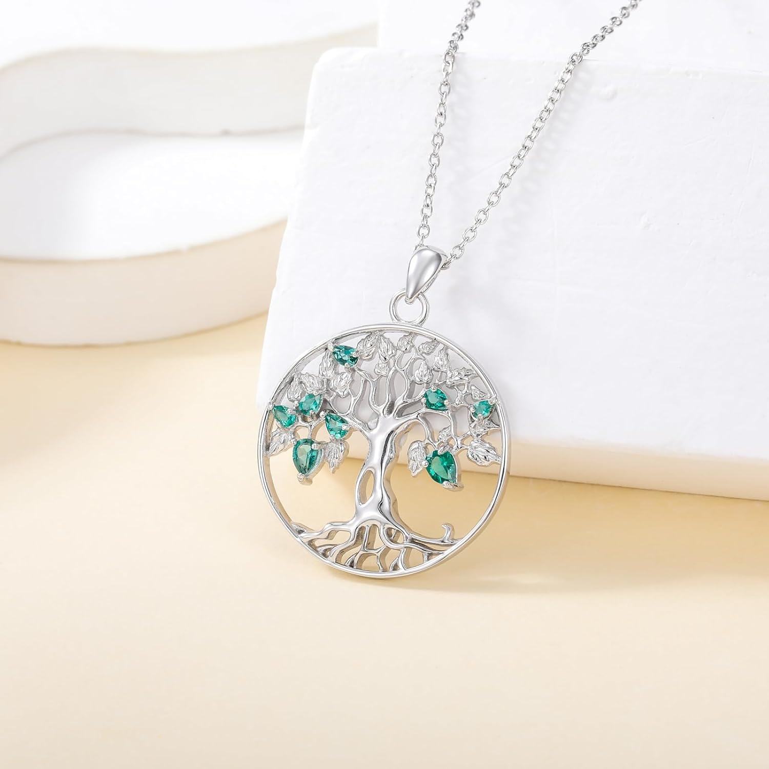 Sterling Silver Birthstone Tree of Life Sun Pendant Necklace for Women-0-1