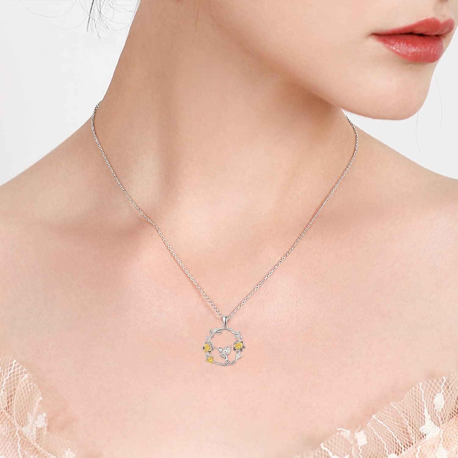  Sterling Silver Gemstone Cute Animal Flower Circle Necklace for Women Dog Fox Giraffe Unicorn Hummingbird Pendant Jewelry Gift -0-4