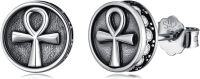 wholesale 925 Sterling Silver Round Black Onyx & Cubic Zirconia Egyptian Ankh Stud Earrings for Women and Men-Ankh-Zirconia