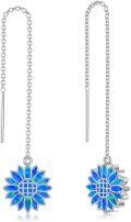 wholesale 925 Sterling Silver Blue Opal Flower Threader Drop Dangle Earrings Gift for Women Girls-0-0