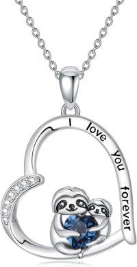 wholesale 925 Sterling Silver Blue Crystal Heart Sloths Pendant Necklace for Women Girls  45cm Chain Length-Sloth