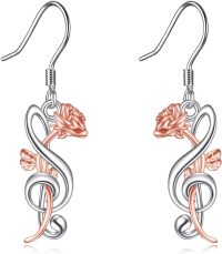 wholesale 925 Sterling Silver Rose Flower Musical Note Drop Earrings with Treble Clef Design for Women Girls Gifts-rose flower