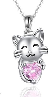 wholesale 925 Sterling Silver Heart-Shaped Pink CZ Kitty Cat Charm Pendant Necklace for Women-Cat