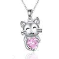 wholesale 925 Sterling Silver Cute Cat Necklace Wholesale With Pink Heart Pendant-0-0