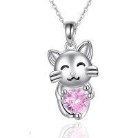 wholesale 925 Sterling Silver Cute Cat Necklace Wholesale With Pink Heart Pendant-Cat