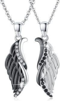 wholesale 925 Sterling Silver Winged Angel Pendant Necklace with Black and White CZ Stones for Couples Gifts-A1-Zircon Wings