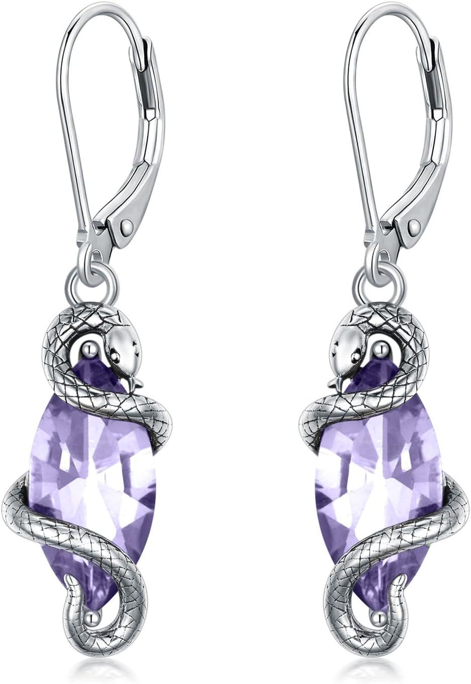 Sterling Silver Crystal Vintage Snake Dangle Drop Leverback Earrings for Women-0-0
